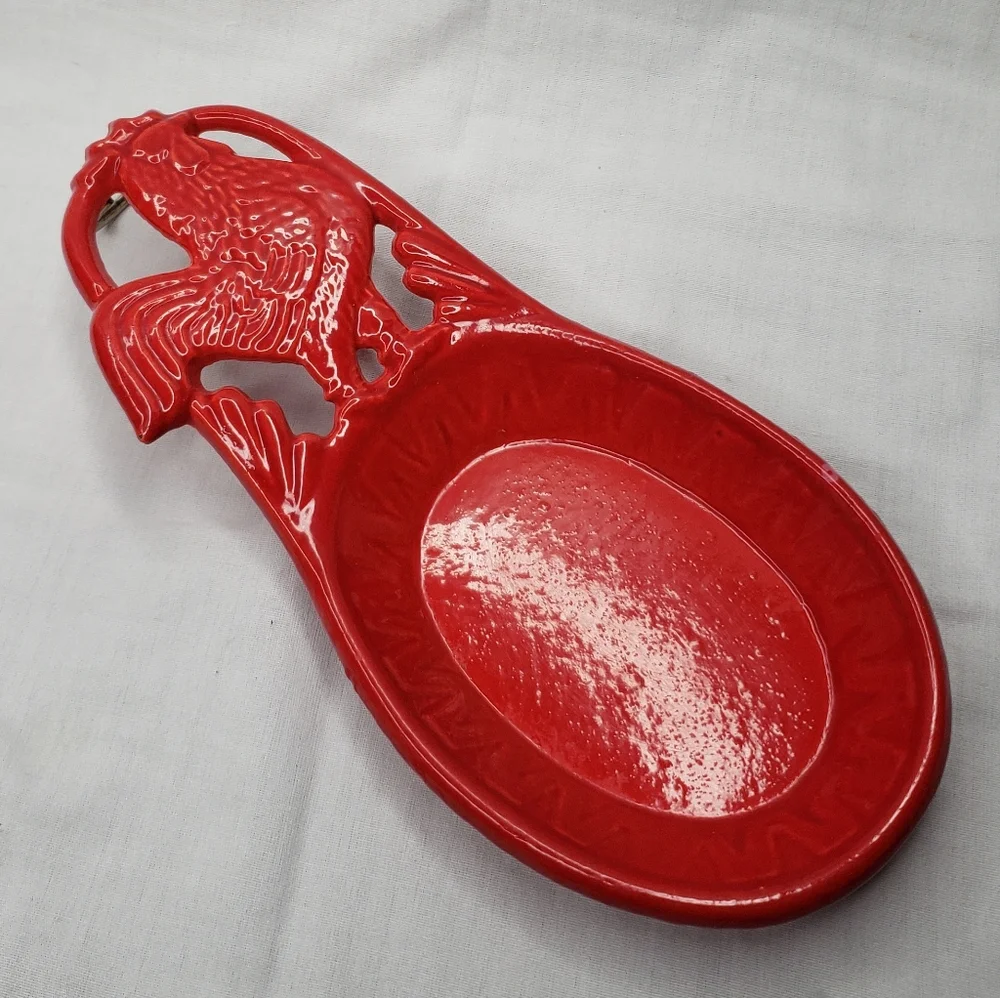 Cast Iron Red Enameled Rooster Spoon Rest